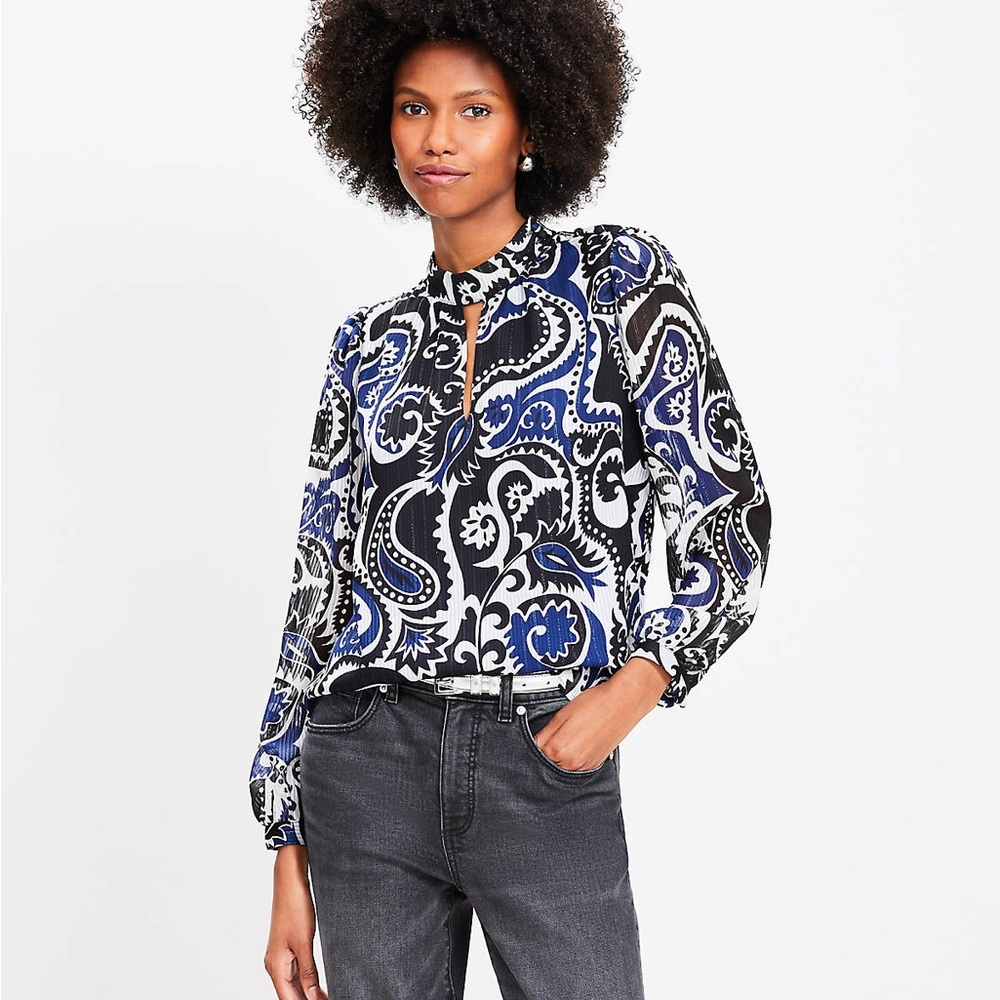 Loft | Shimmer Stripe Paisley Mock Neck Black Blouse - Picture 2 of 11